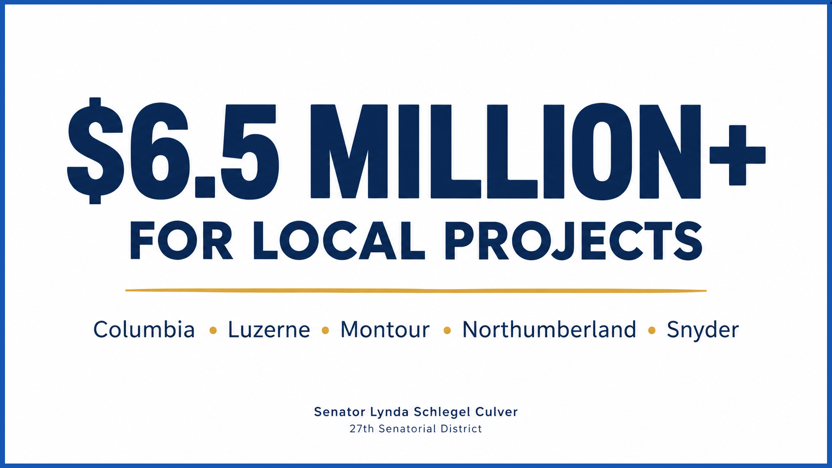 Graphic announcing more than $6.5 million for local projects in Columbia, Luzerne, Montour, Northumberland and Snyder counties.
