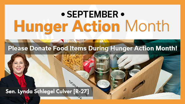 Hunger Action Month graphic encouraging residents to donate nonperishable food items throughout September at Senator Culver’s district offices.